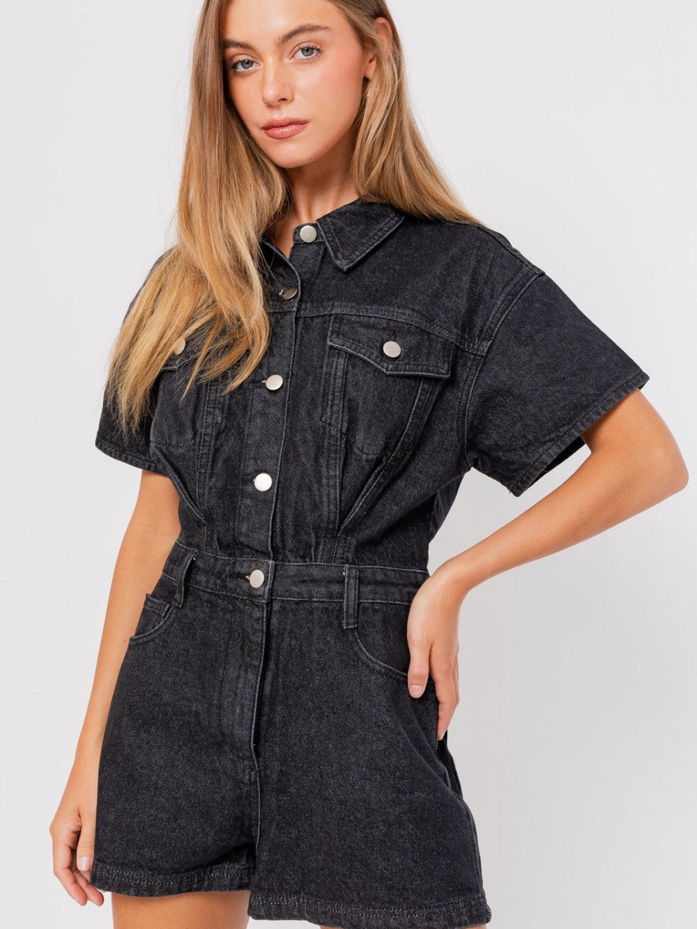 Le Lis Black Denim Short Romper - Women's Jeans